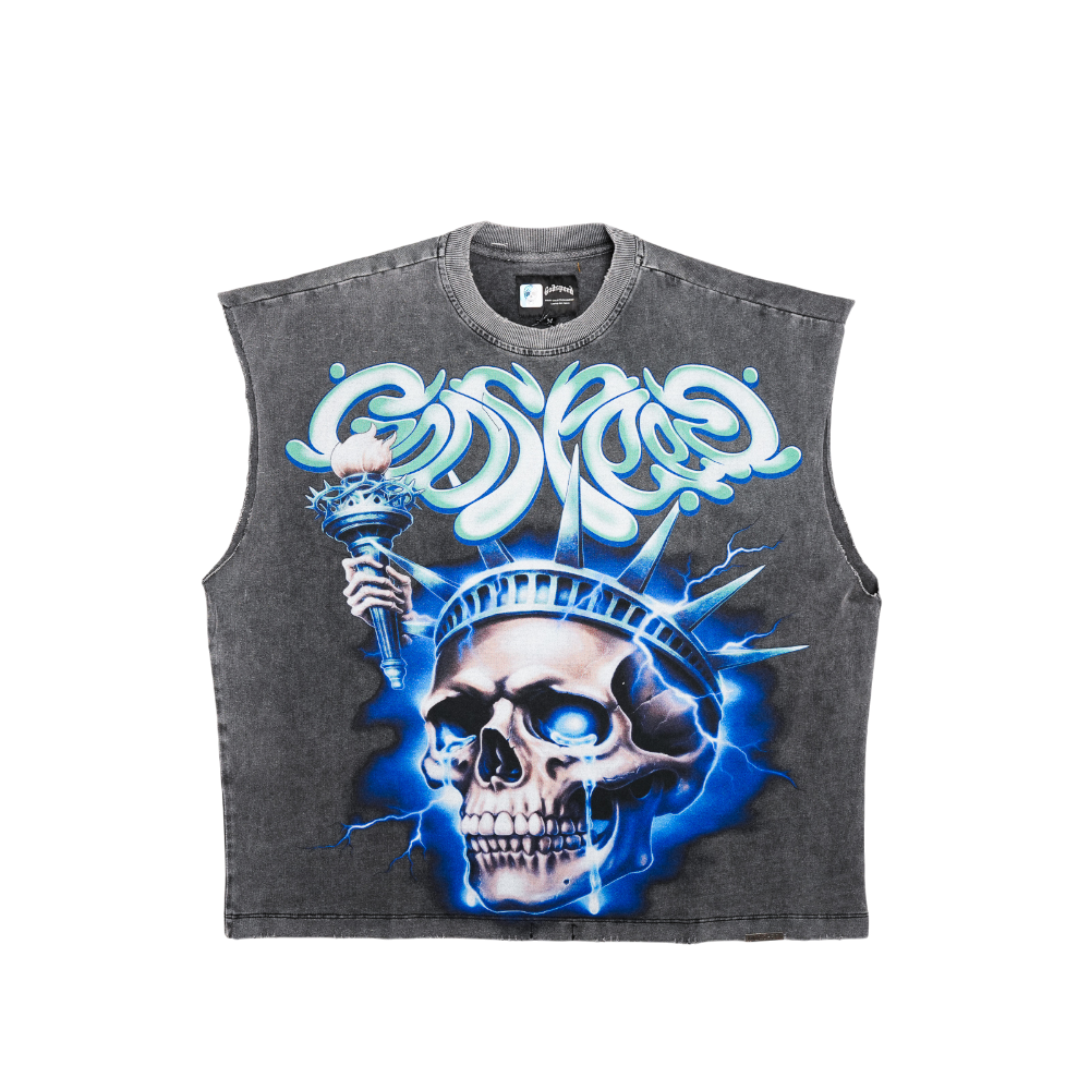 Godspeed - Liberty Tears Sleeveless T-shirt - Grey Wash - Black