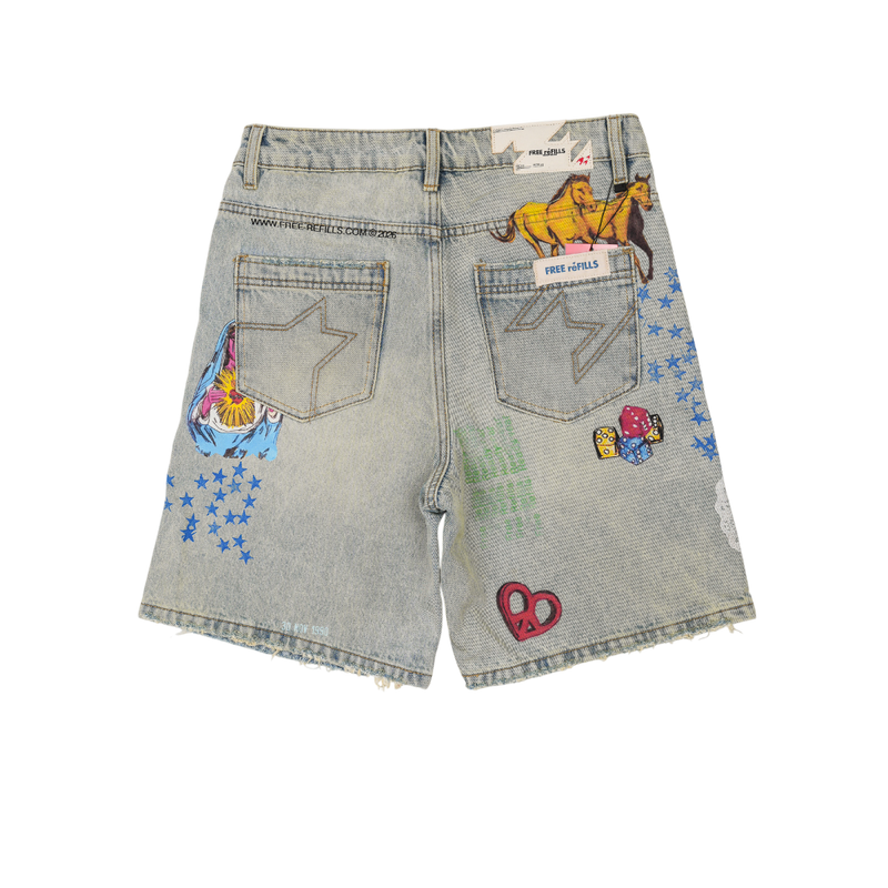 Free Refills - Collage Jorts Shorts - Blue