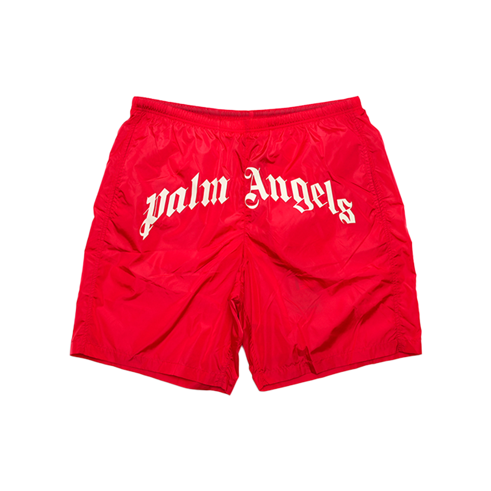 Palm Angels - Curved Logo Swimshort- Red/off White Shorts - White