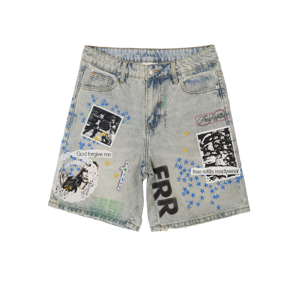 Free Refills - Collage Jorts Shorts - Blue