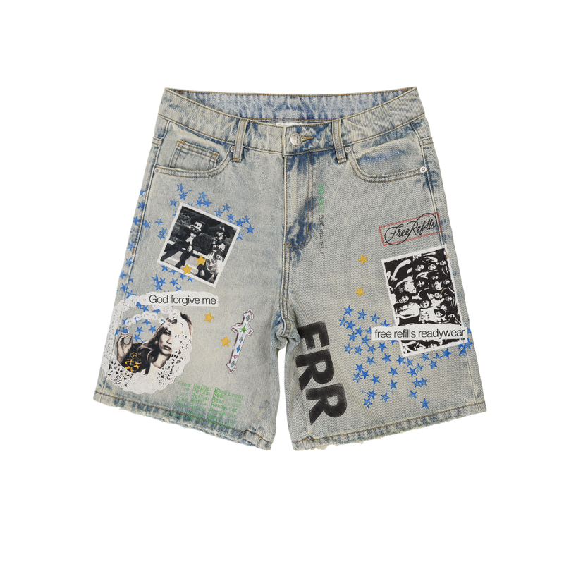 Free Refills - Collage Jorts Shorts - Blue