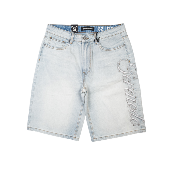 Serenede - Side Script Light Denim Shorts - Blue