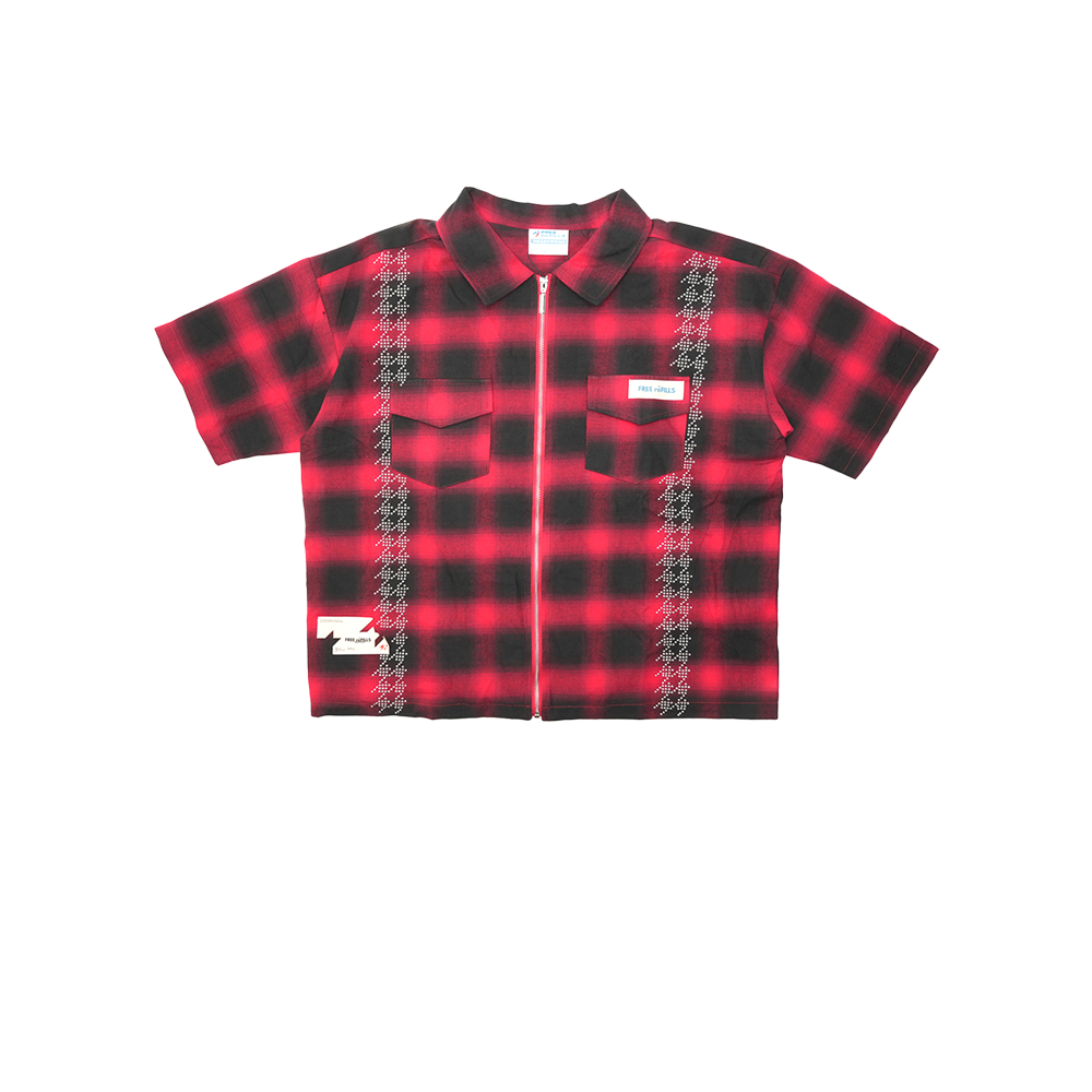 Free Refills - Studded Shadow Plaid Zip Shirt - Red